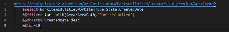 Screenshot that shows an OData file in Visual Studio Code. Each type of code element has its own color.