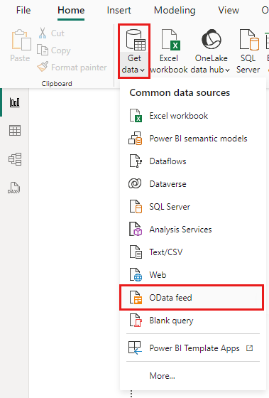 Screenshot of Power BI with Get data and OData feed highlighted.