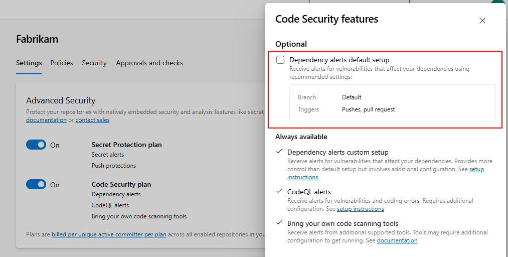 Screenshot of dependency scanning one-click setup.