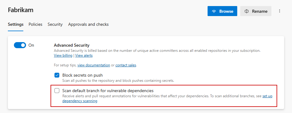 Screenshot of dependency scanning one-click setup.