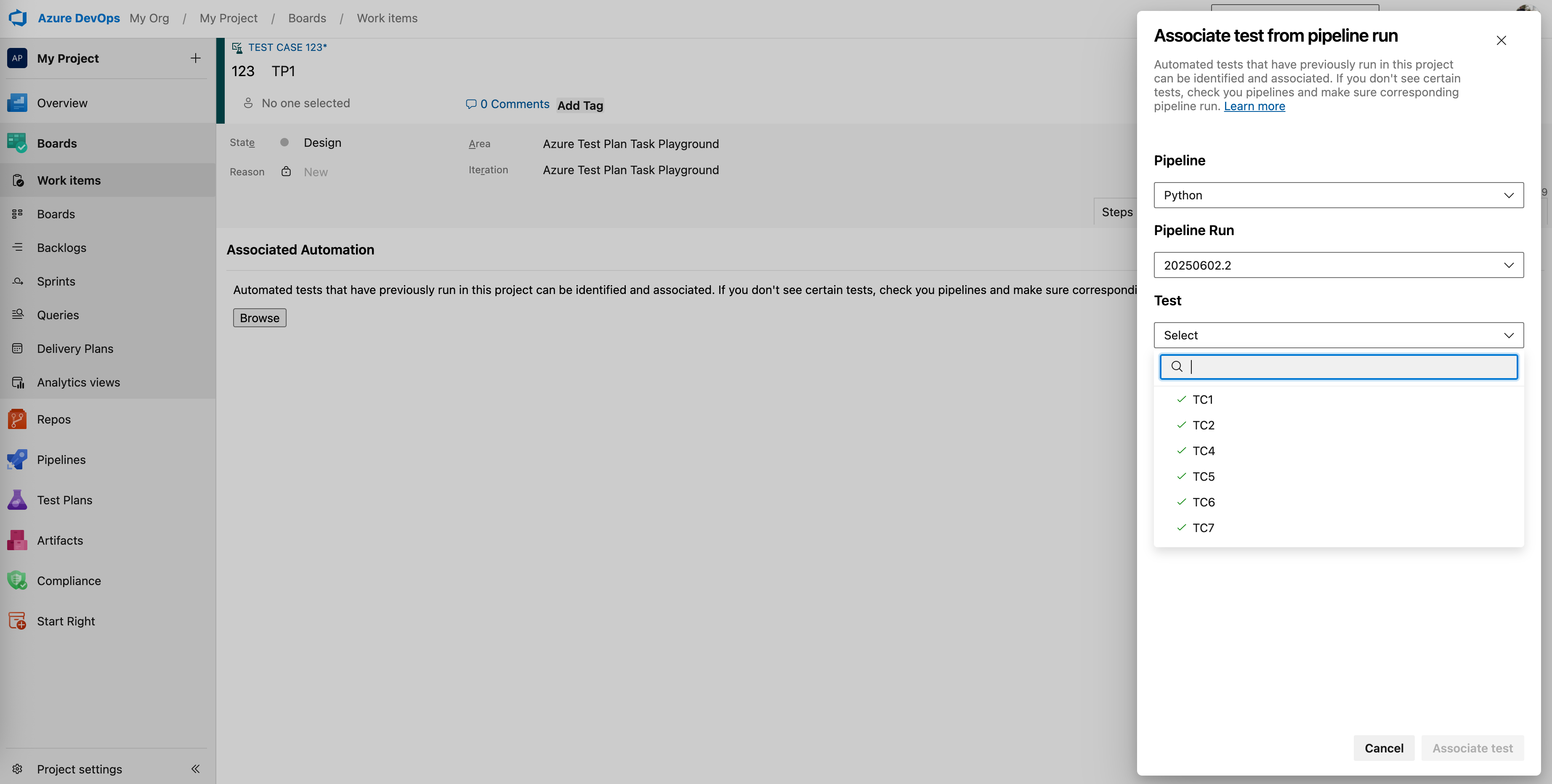 Screenshot showing the process of associating an automated test to a test case within a CI/CD pipeline interface.