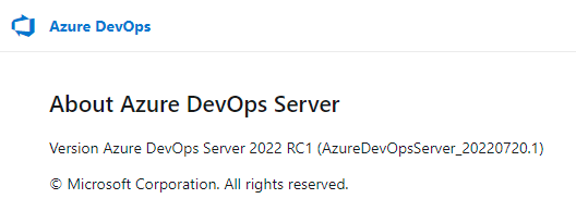 Screenshot of the About page for Azure DevOps Server on-premises showing the platform in use and the platform version number.