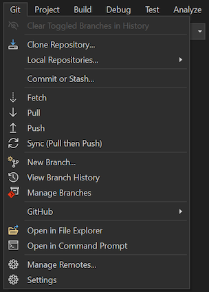 Screenshot of the Git menu in Visual Studio 2022.
