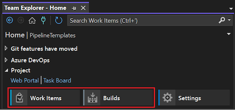 Screenshot of Team Explorer Home page for Visual Studio 2022 showing the Work Items and Builds features highlighted.