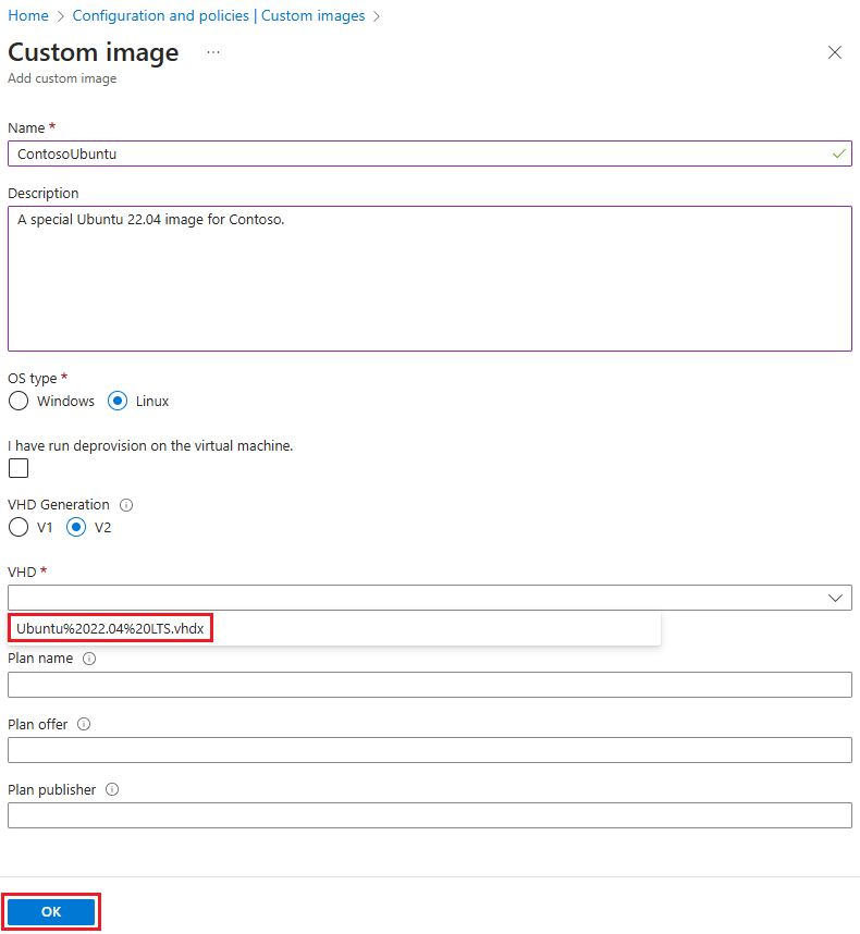 Screenshot that shows the Custom image page.