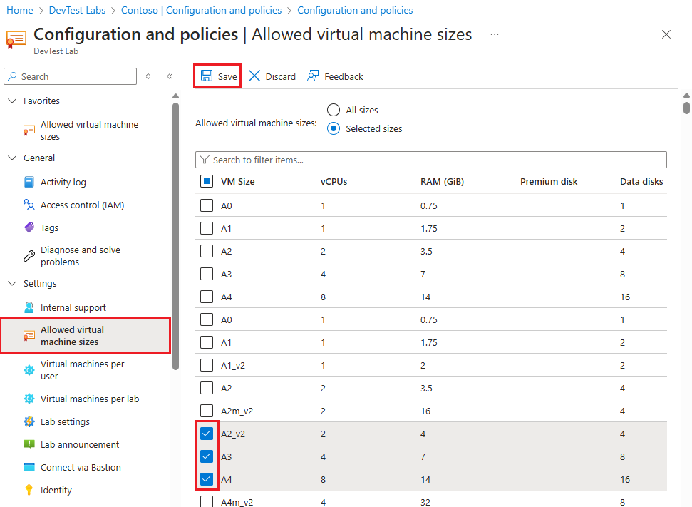 Screenshot showing Allowed VM sizes.