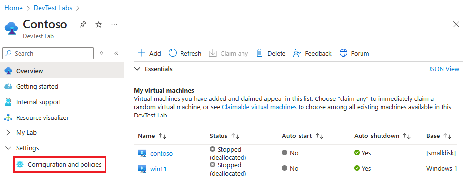 Screenshot that shows the Configuration and policies menu for a lab.