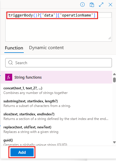 Screenshot showing workflow designer and condition editor with expression to extract the operation name.