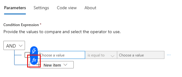 Screenshot that shows the workflow designer with the condition action and dynamic content list open with "Expression" selected.