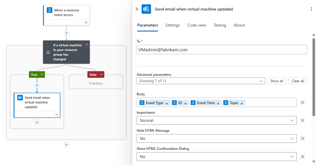 Screenshot showing designer with complete workflow and details for trigger and actions.