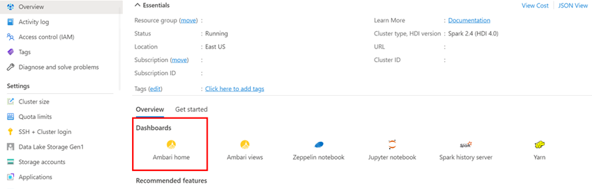 Screenshot that shows the ___location of the Ambari home dashboard.