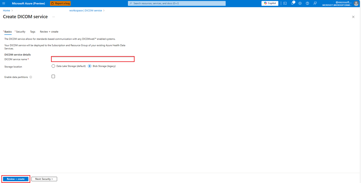 Screenshot showing the DICOM service name and storage ___location option.