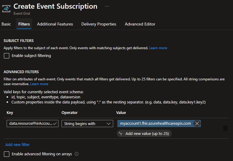 Screenshot of the Event Grid filters tab.