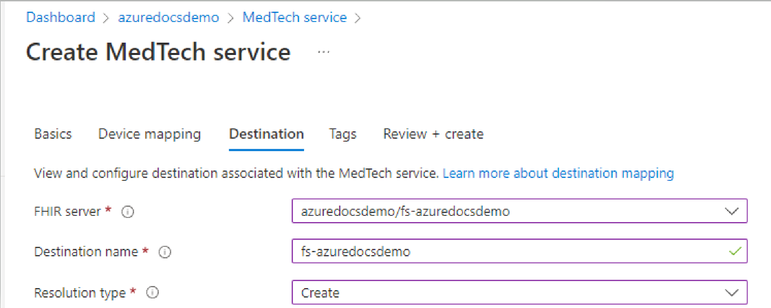 Screenshot of Destination tab filled out correctly.