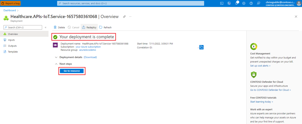 Screenshot of the MedTech service deployment completion.