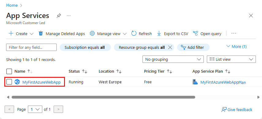 Screenshot of the App Services page in the Azure portal.