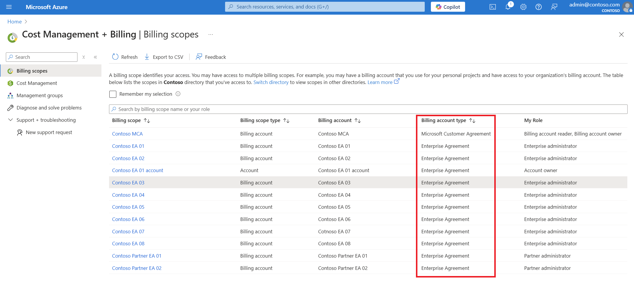Screenshot that shows billing account types for multiple billing scopes.