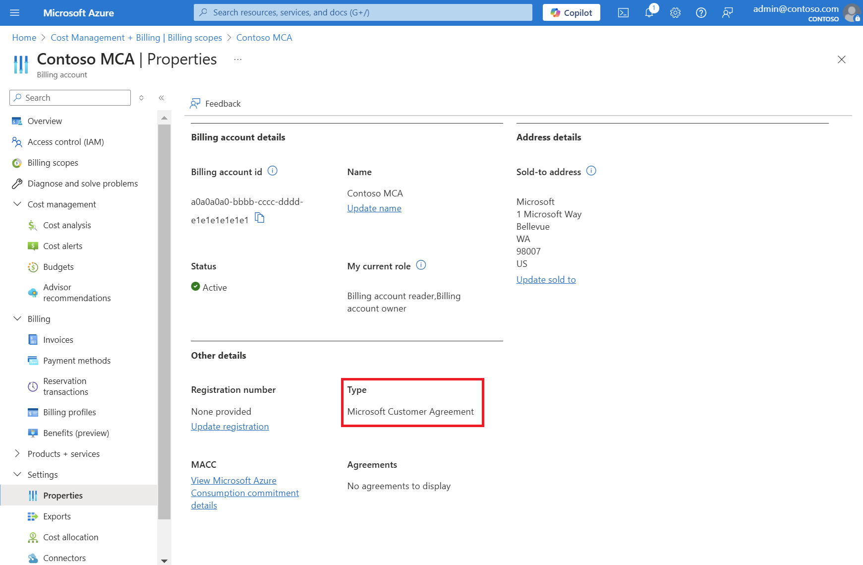 Screenshot that shows Microsoft Customer Agreement on the Properties pane.