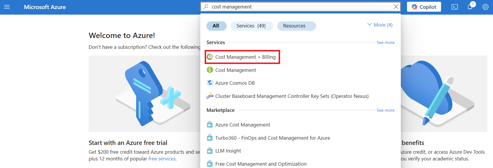 Screenshot that shows an Azure portal search for Cost Management and Billing.