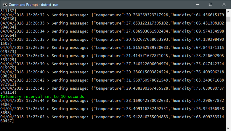 Screenshot of a terminal window that shows the direct message result and updated output from the simulated device application.