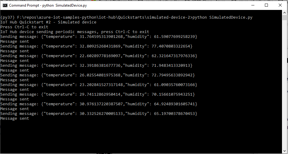 Screenshot of a terminal window that shows the output of the simulated device application.