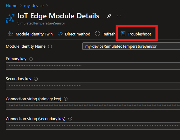 Screenshot of the Troubleshoot tab on the Azure portal module details page.