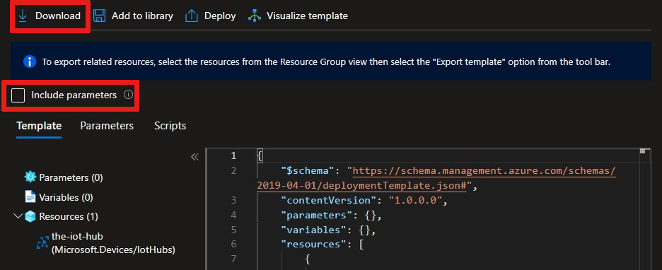 Screenshot that shows the ___location of the Download button on the Export template pane.