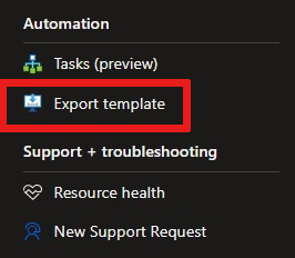 Screenshot that shows the ___location of the Export template option in the menu of an IoT Hub resource.