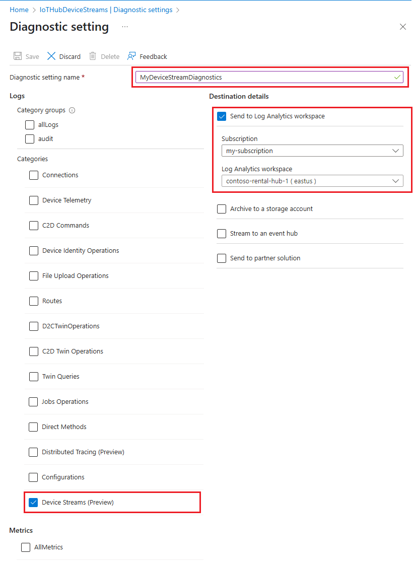 Screenshot that shows the Diagnostics setting pane in Azure portal, highlighting settings for Device Streams resource logs.