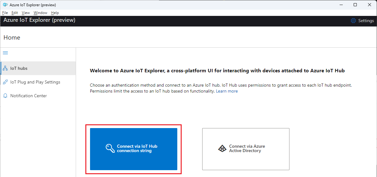 Screenshot that shows the Welcome pane of Azure IoT Explorer, with the option to connect via an IoT Hub connection string highlighted.