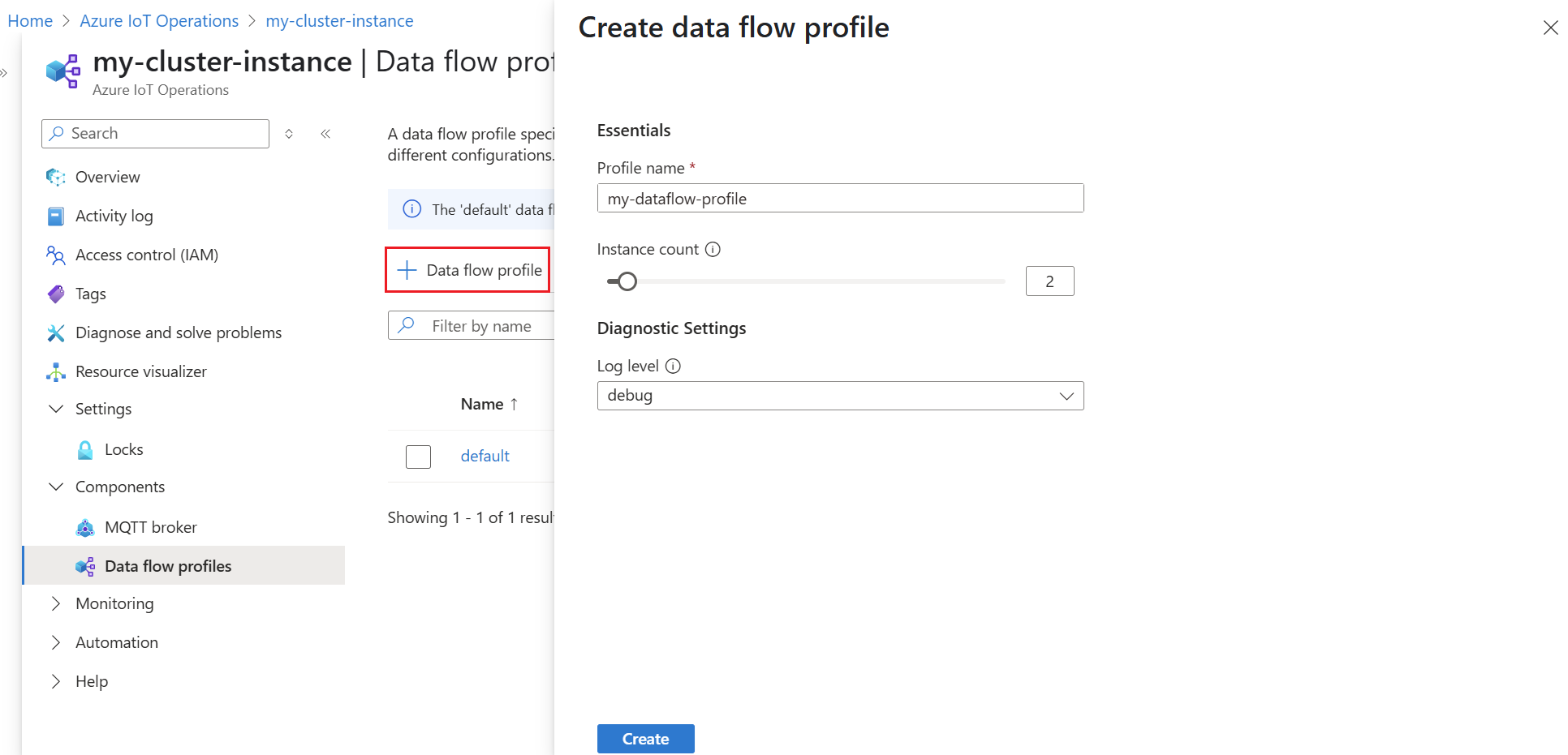Screenshot of the Azure portal displaying the create data flow profile pane, including fields for name, instance count, and configuration options.