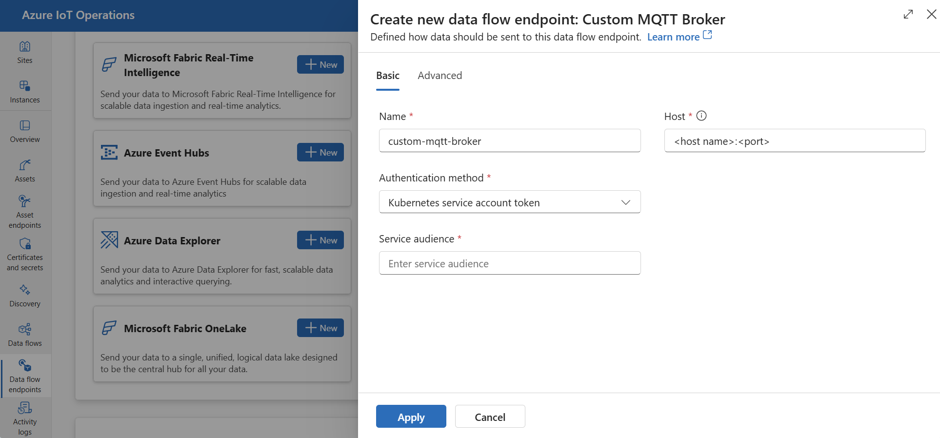 Screenshot using operations experience to create a custom MQTT broker endpoint.