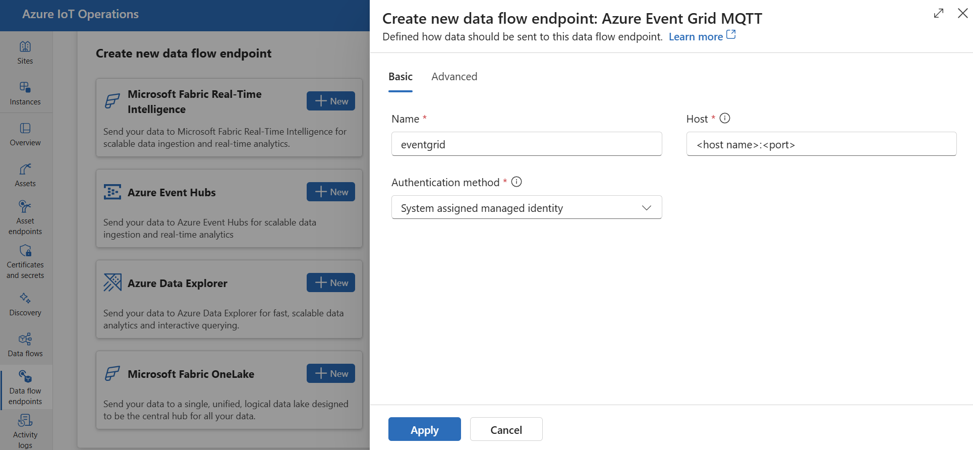 Screenshot using operations experience to create an Azure Event Grid endpoint.