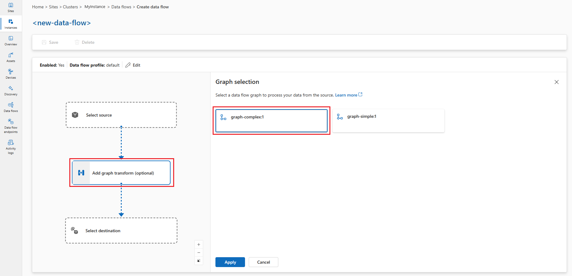 Screenshot of the operations experience interface showing how to create a complex data flow graph.