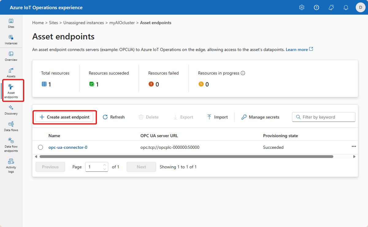 Screenshot that shows the list of asset endpoints.