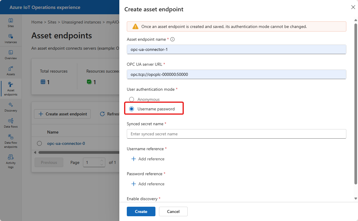 Screenshot that shows the username and password authentication mode selected.