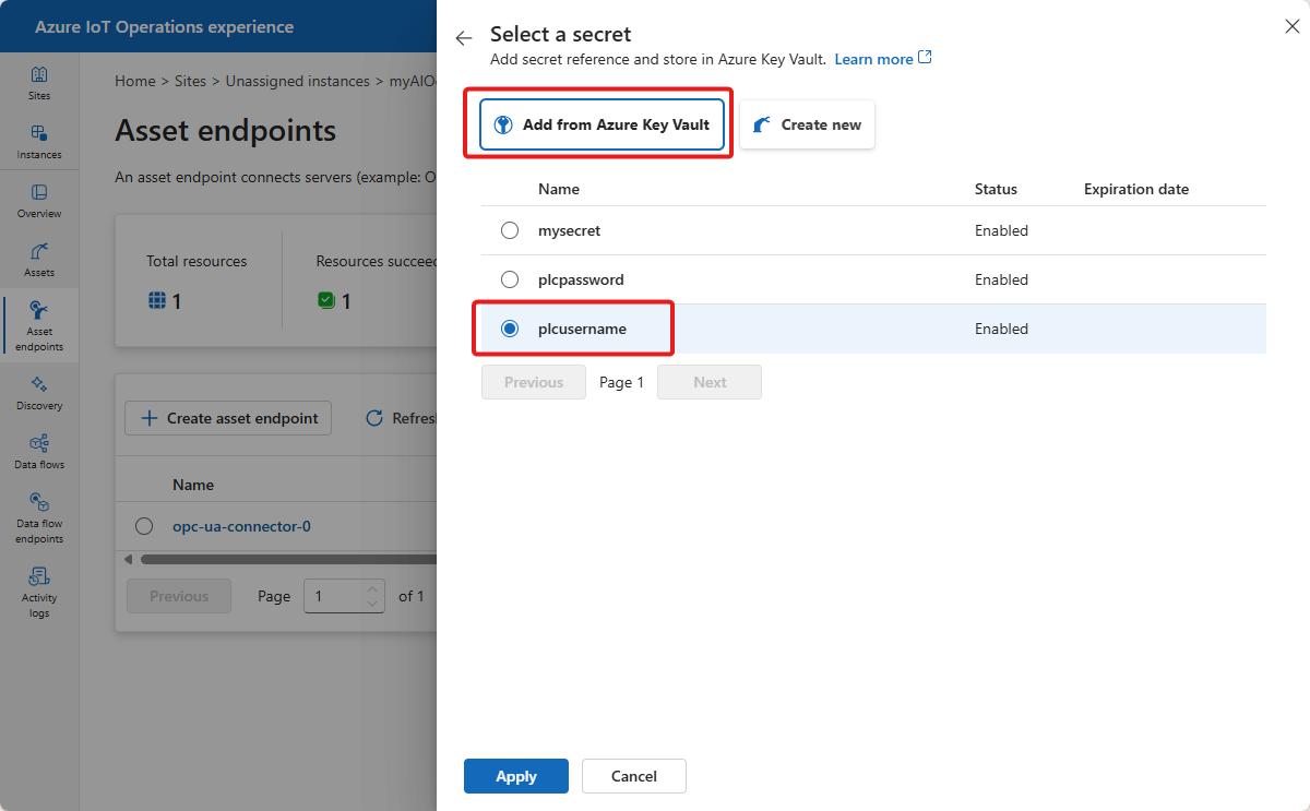 Screenshot that shows the username and password references from Azure Key Vault.