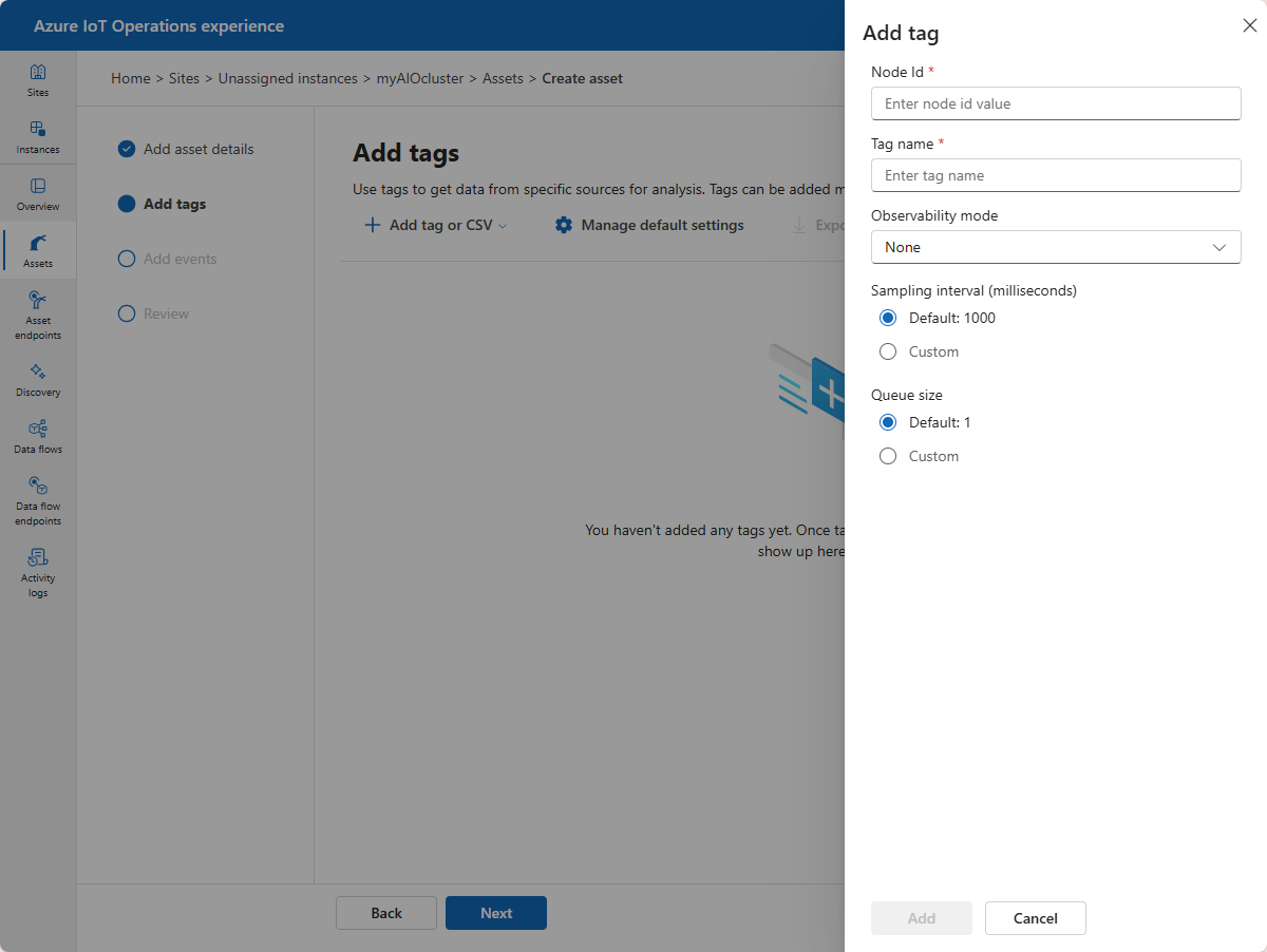 Screenshot that shows adding tags in the operations experience.