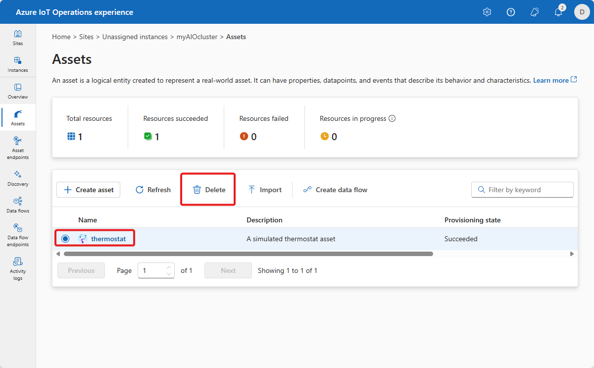 A screenshot that shows how to delete an asset from the operations experience.