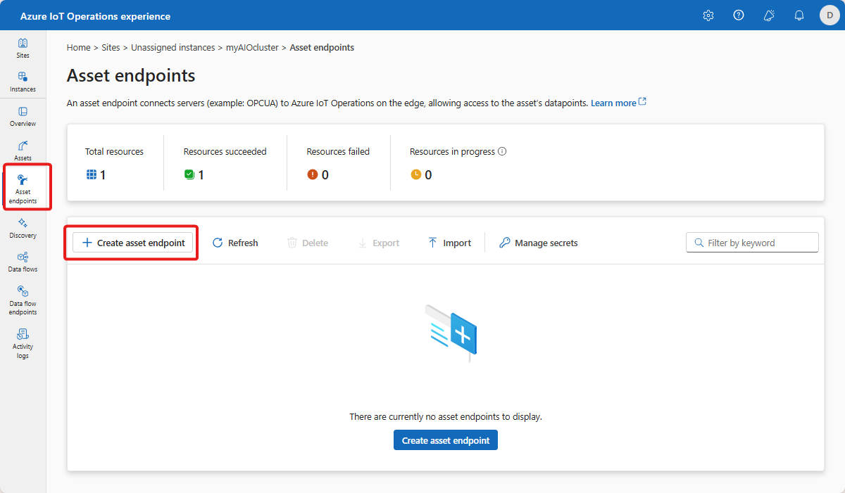 Screenshot that shows the asset endpoints page in the operations experience.