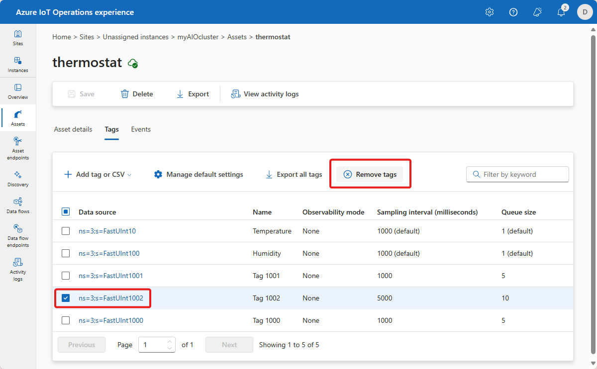 A screenshot that shows how to delete a tag in the operations experience.