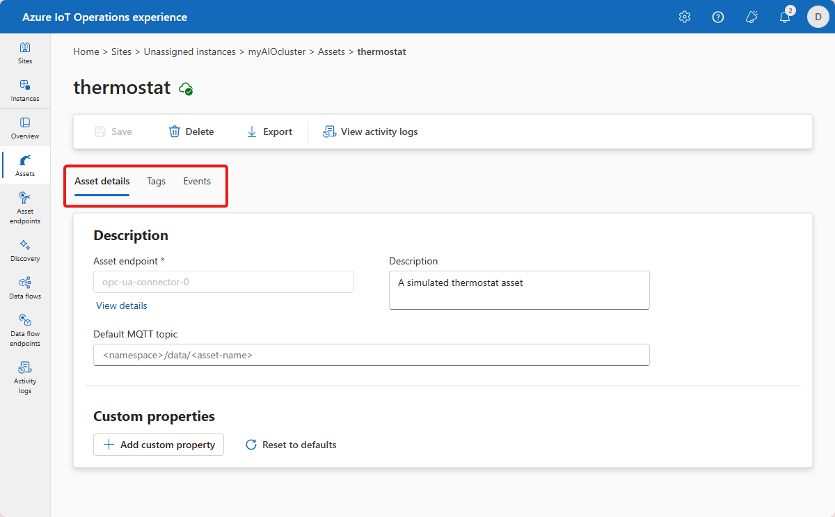 A screenshot that shows how to update an existing asset in the operations experience.