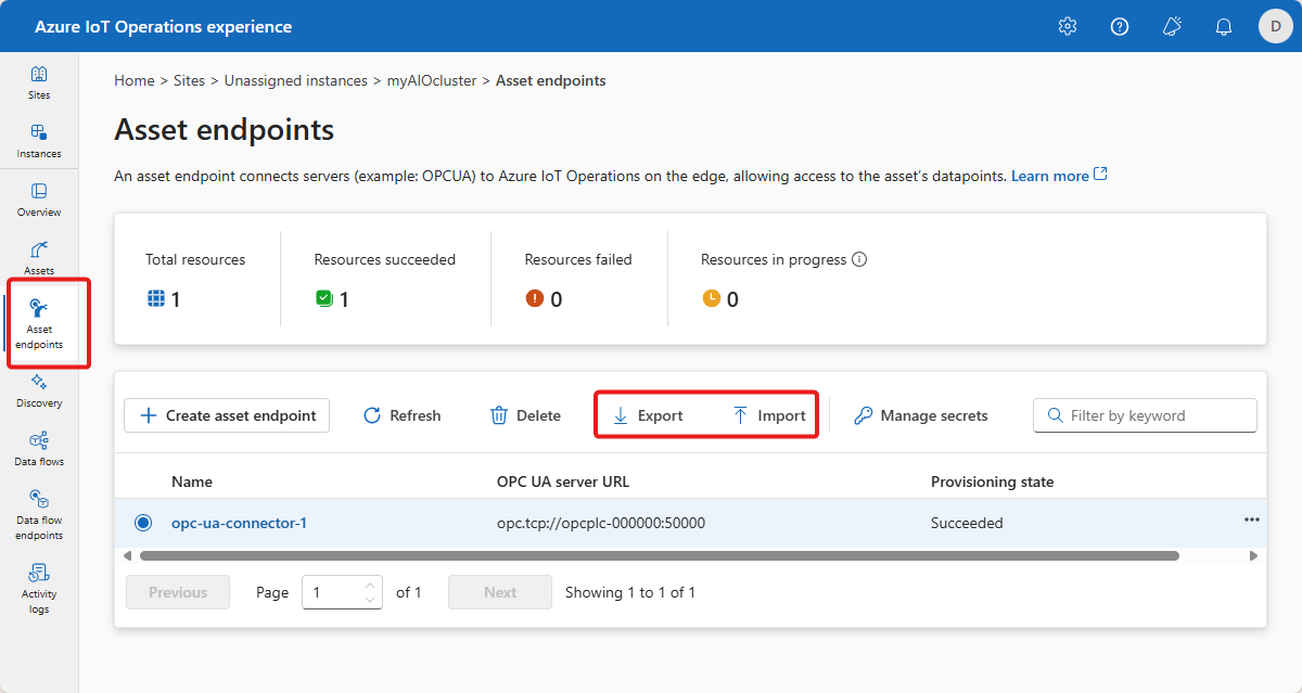 Screenshot showing the options to import and export an asset endpoint.