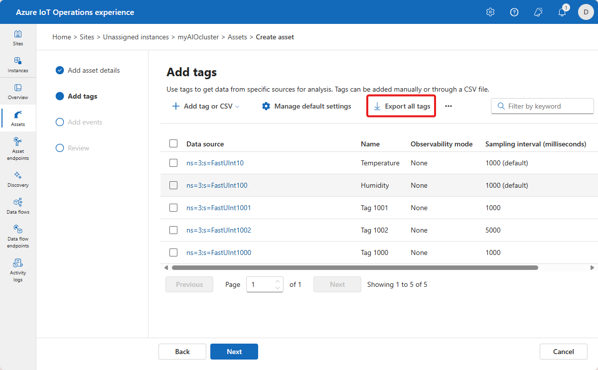 A screenshot that shows how to export tag definitions from an asset in the operations experience.