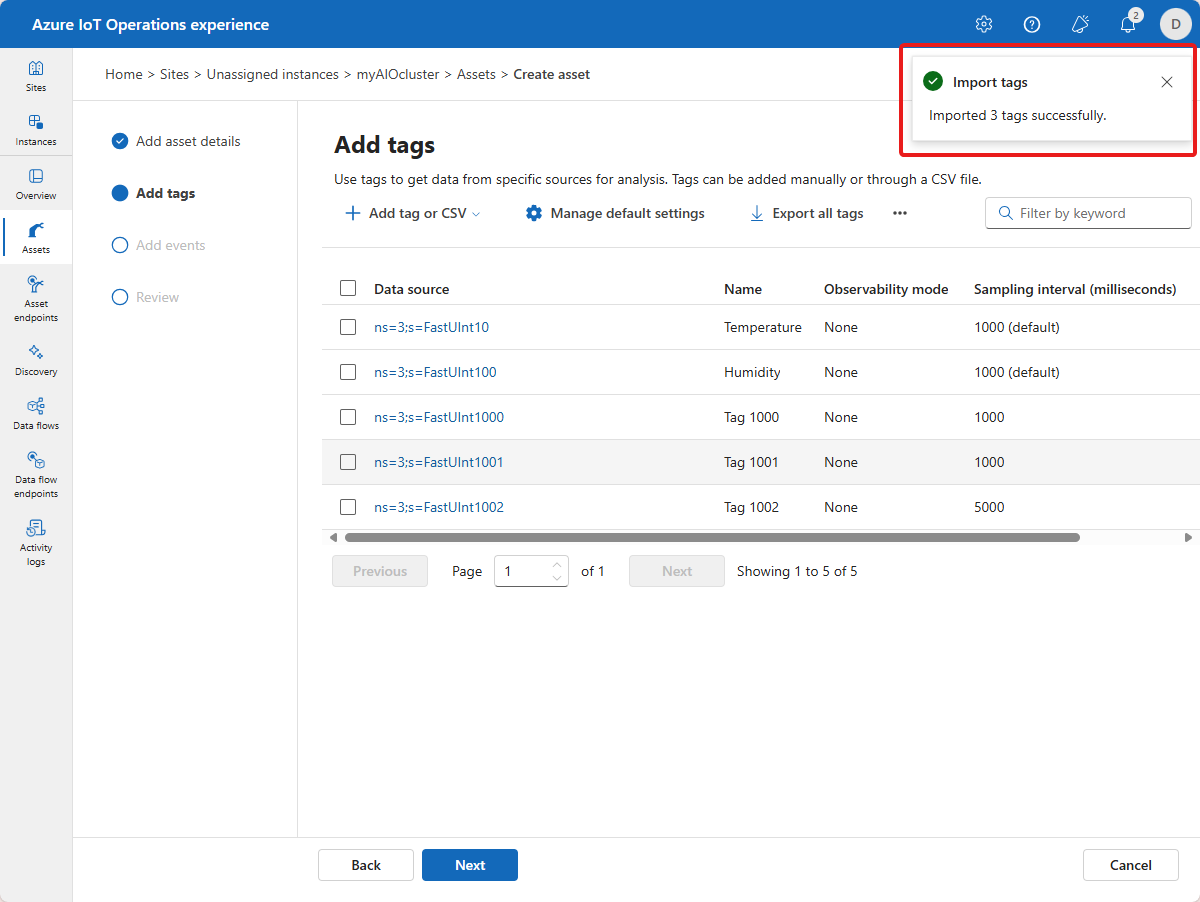 A screenshot that shows the completed import from the Excel file in the operations experience.