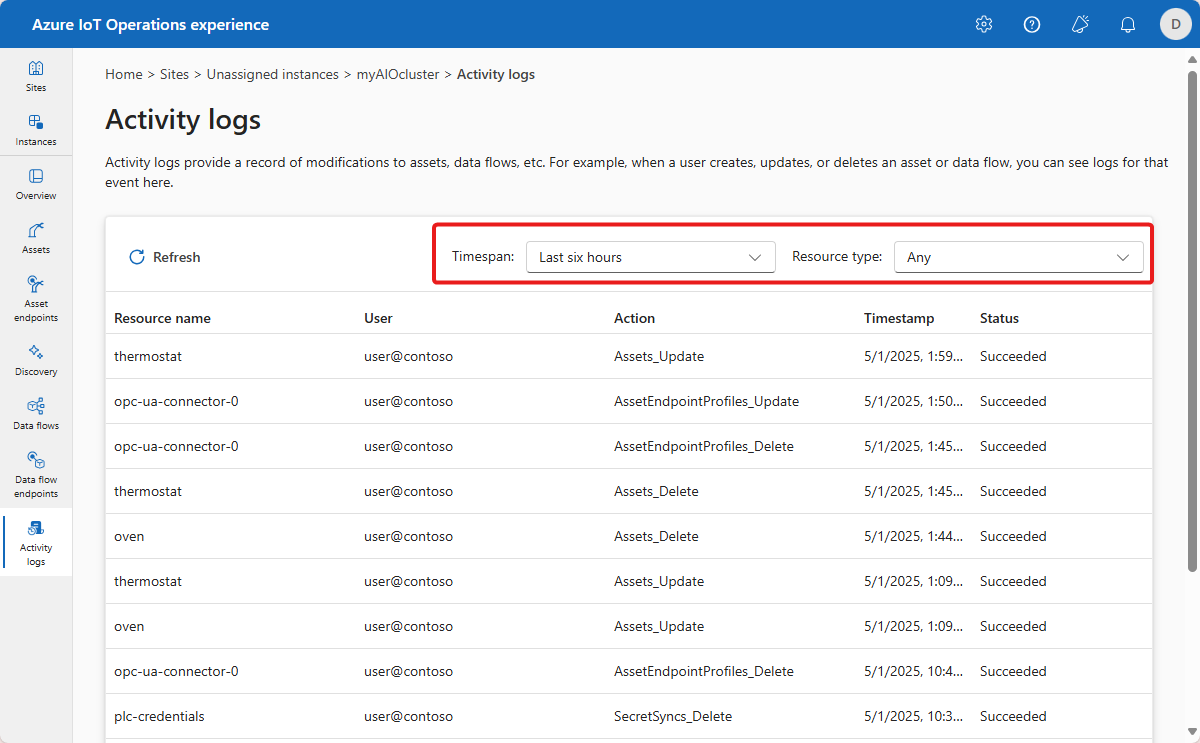 A screenshot that shows the activity logs for an instance in the operations experience.
