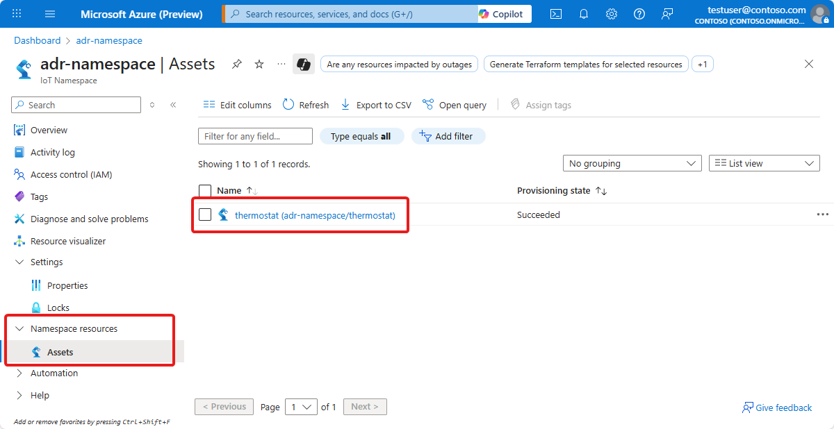 A screenshot that shows the thermostat asset in the Azure portal.