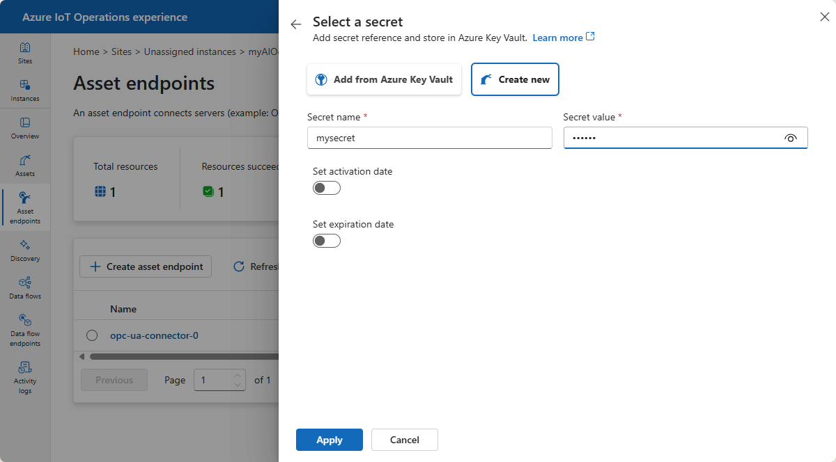 Screenshot that shows the Add from Azure Key Vault and Create new options when selecting a secret in operations experience.