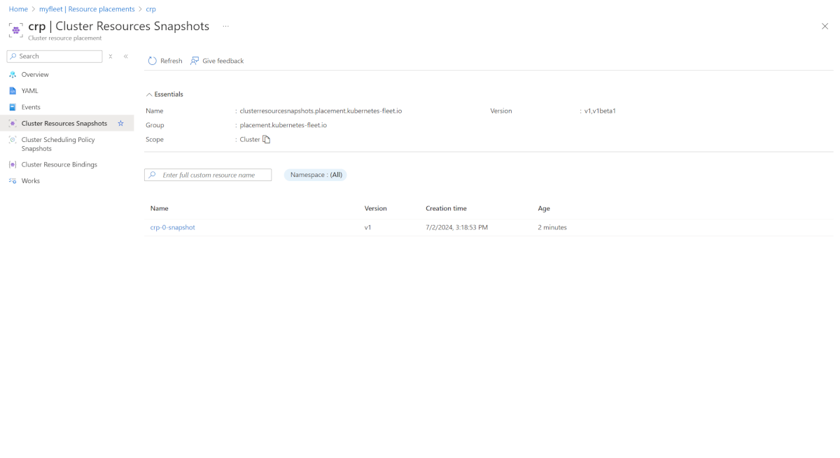 Screenshot of the Azure portal page for a cluster resource placement, with the Cluster Resources Snapshots tab selected.