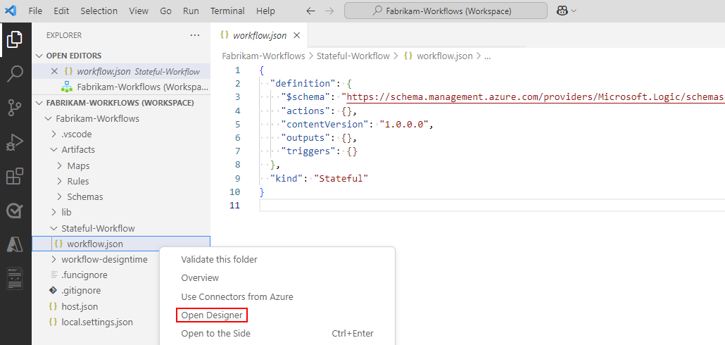 Screenshot shows Explorer pane, workflow.json file shortcut menu, and Open Designer selected.
